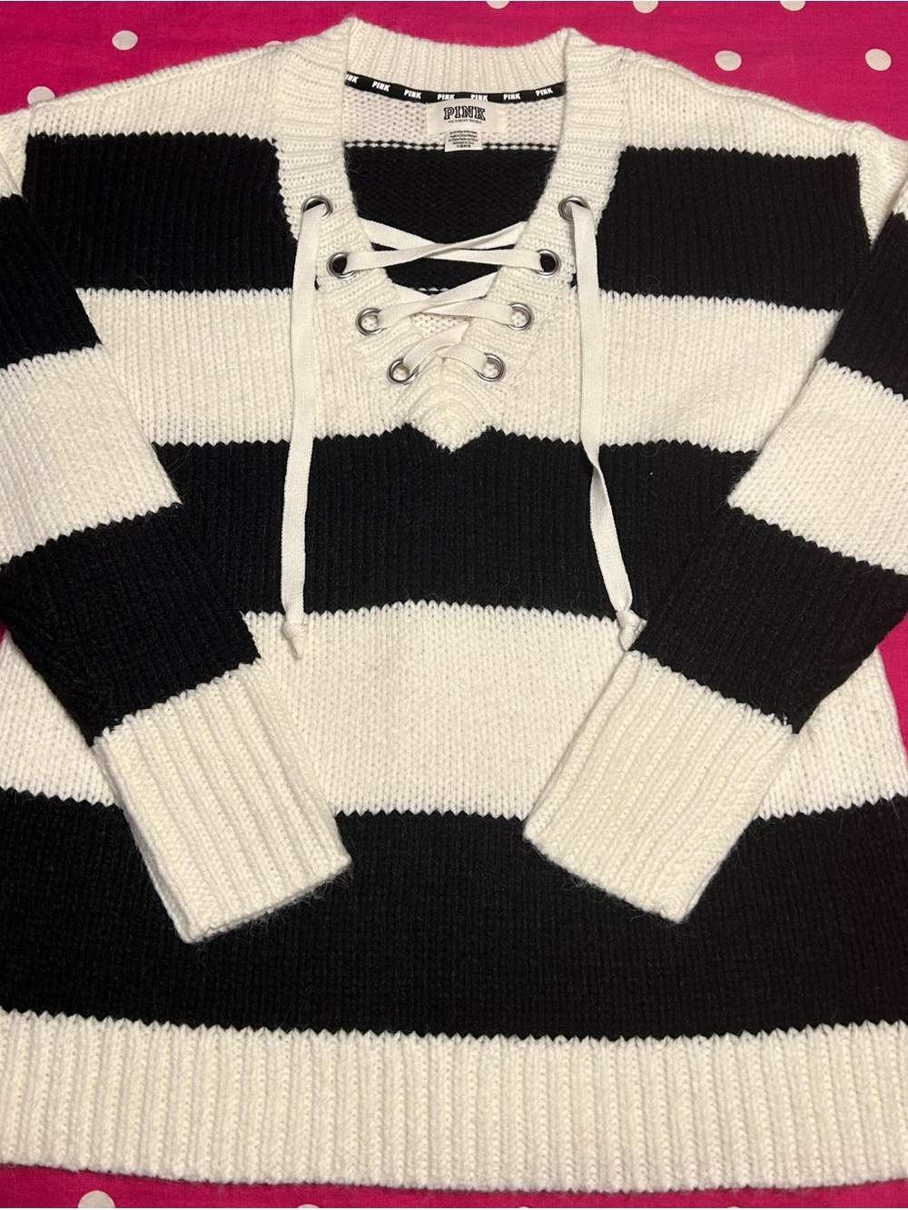 PINK Victoria's Secret Black & White Striped Lace-Up Sweater Gorgeous Small
